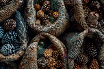 A decorative arrangement of various pine cones in woven baskets, showcasing a natural and rustic texture.