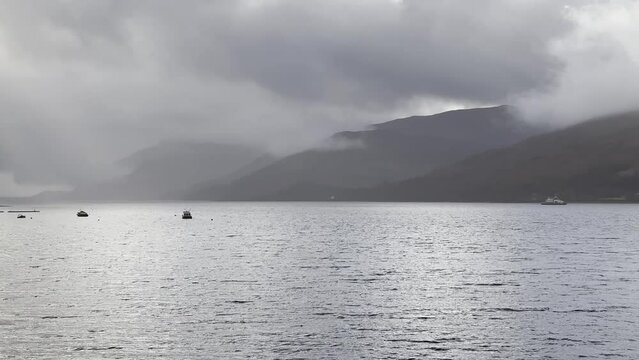 Cloudy and misty day in the Scottish Highlands. Loch Eil, Fort William