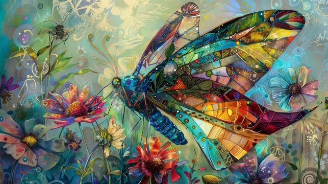 Amidst a garden bursting with blooms, a fantastical creature with stunningly beautiful fairy wings alights delicately upon a flower, her presence a symphony of color and light. 

