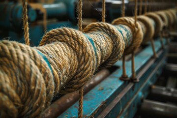 A close-up view of sturdy ropes wound tightly around rusted equipment, portraying strength and maritime industry.