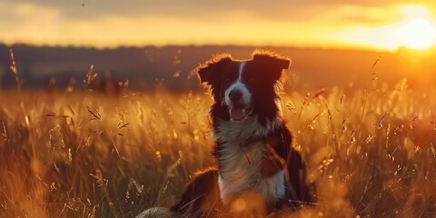 Border Collie enthusiastically chilling in a field of tall grass against the backdrop of a stunning sunset created with Generative AI Technology - obrazy, fototapety, plakaty