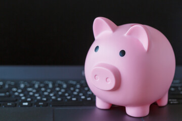 Pink piggy bank on the laptop keyboard. The concept of online savings, online banking, e-banking. Place for the text