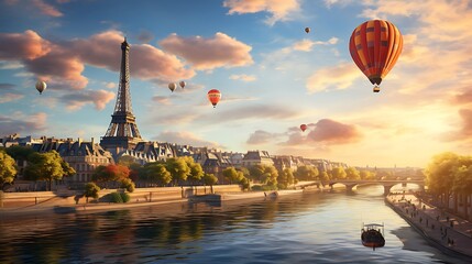 Beautiful view of Paris with the Eiffel Tower and hot air balloons flying over it, landscape photography, sunny day, river Seine, sunset light