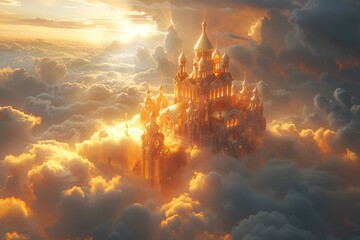 A castle is seen in the clouds with the sun shining on it - obrazy, fototapety, plakaty
