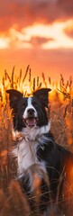 Border Collie enthusiastically chilling in a field of tall grass against the backdrop of a stunning sunset created with Generative AI Technology