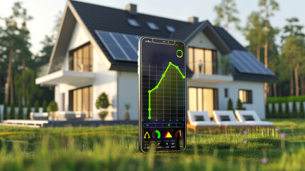 Fototapeta na wymiar Smartphone displaying energy efficiency on a lush lawn, showcasing smart home technology.