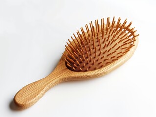 A minimalist shot of an eco-friendly bamboo hairbrush placed diagonally on a white surface.