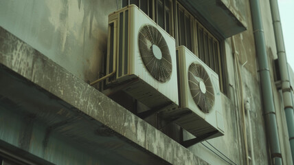 Obraz premium Urban scene with external air conditioning units on a weathered building facade.
