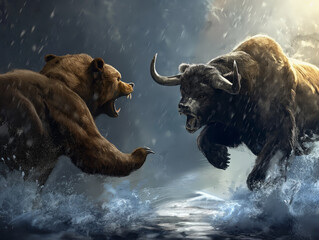 fight between bull and bear. stock concept - obrazy, fototapety, plakaty