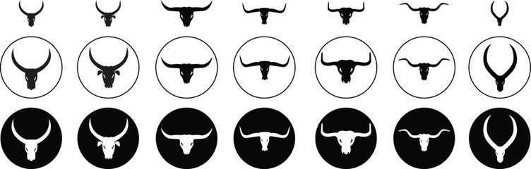 Set of Bull and Cow head icons in Fill styles. Beef, milk, lactose symbols Suitable for many purposes. Elegance drawing art buffalo cow ox bull head designs inspiration on transparent background. - obrazy, fototapety, plakaty