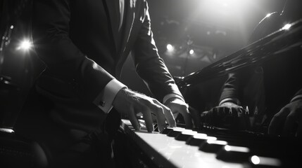 Fototapeta na wymiar Skilled pianist hands glide over piano keys in concert.