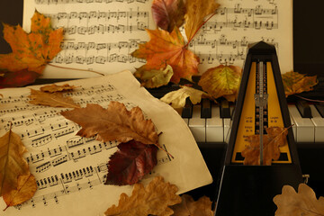 music, piano, metronome and autumn leaves - 762121962