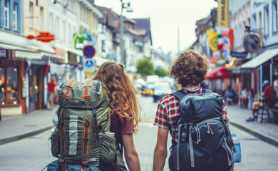 Obraz premium Two young backpackers couple traveling through cities in Europe, view from the back.