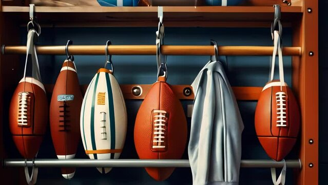 Various types and sizes of american footballs are hangs in cabinet in locker room of the sports complex, zoom in. Sports equipment without people.