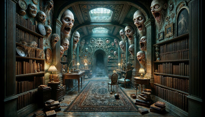 Obraz premium Library of Horrors: Grotesque Faces and Eerie Expressions in a Gothic Study