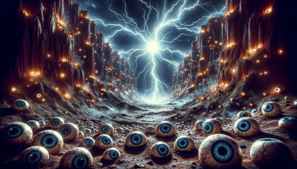 Cosmic Observers: Lightning Storm in an Alien Valley of Eyes - obrazy, fototapety, plakaty