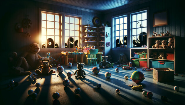 Sunset Glow in a Playroom with Toys and Mysterious Eyeballs On the Floor