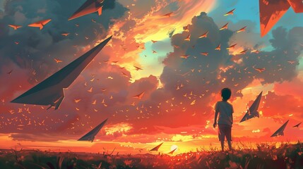 In the warm glow of the sunset, a young boy stands in a field, his eyes alight with wonder as he launches paper airplanes into the evening sky.

 - obrazy, fototapety, plakaty