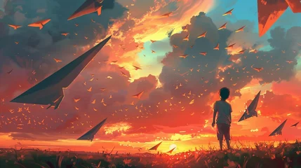 Fotobehang In the warm glow of the sunset, a young boy stands in a field, his eyes alight with wonder as he launches paper airplanes into the evening sky.   © Fatima