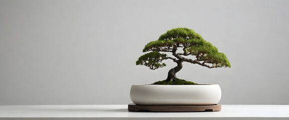 bonsai Tree in a special pot, isolated on a white background, banner, copy space, against a white wall