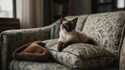 Siamese cat  lying on sofa in living room