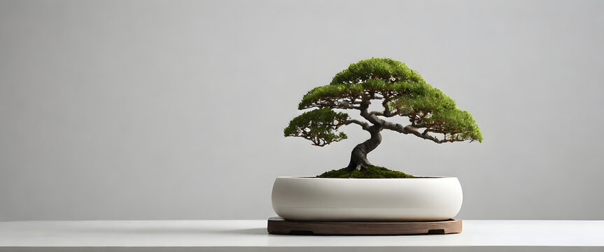 bonsai Tree in a special pot, isolated on a white background, banner, copy space, against a white wall