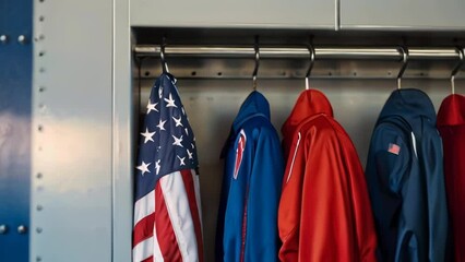Sportswear in american style, blue and red colors hangs on hangers in locker room of sports complex, no people.