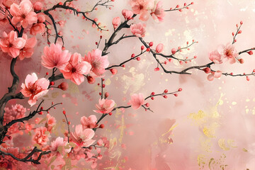 A spring-themed wallpaper with sakura blossom and abstract golden elements. Suitable for prints and postcards.