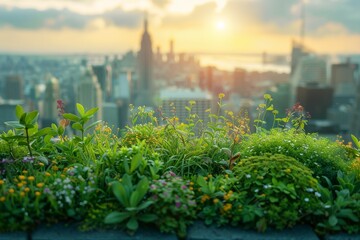 A cityscape with a rooftop garden filled with various vegetables and plants