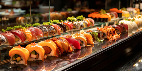 elegant sushi bar with a long glass counter displaying different types of sushi and sashimi, Japanese style sushi buffet, sushi bar background