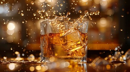 Whiskey glass with ice splashing liquid energetically
