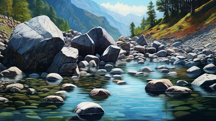 A pure river meandering through grand, picturesque mountain ranges - obrazy, fototapety, plakaty