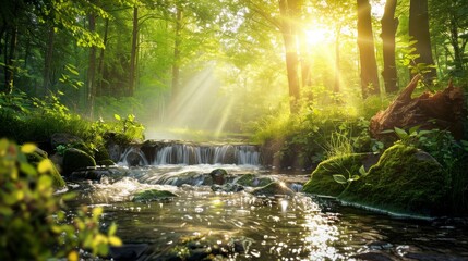 Sunlight filtering through trees in a tranquil forest with a flowing stream and lush greenery.