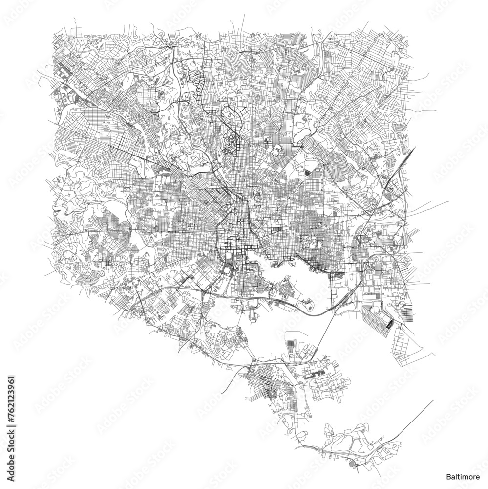 Wall mural baltimore city map with roads and streets, united states. vector outline illustration.