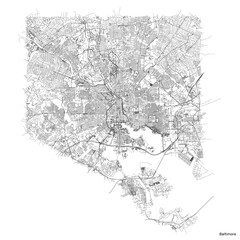 Baltimore city map with roads and streets, United States. Vector outline illustration.