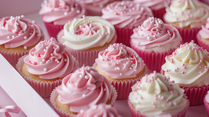 Cupcakes with delicate pink cream, neatly boxed and prepared for holiday delivery