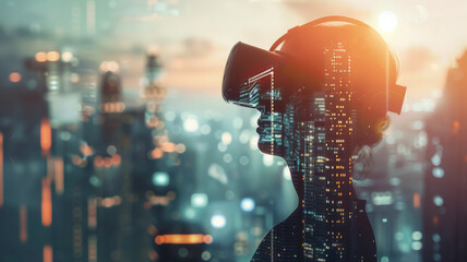 A woman immersed in virtual reality, with a digital cityscape overlay.