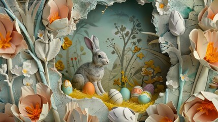 easter eggs and a cute bunny on a wall background, pastel colors, paper background