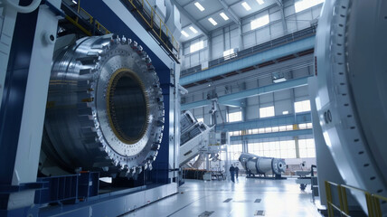 Massive industrial machinery in a clean and modern aerospace factory.