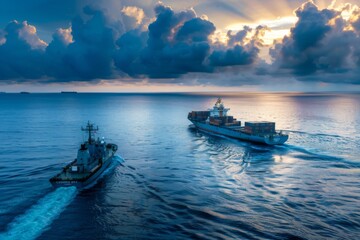 a container cargo ship sailing in the vast ocean escorted by a military ship 
