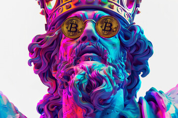 bitcoin, cryptocurrency on pop statue classic sculpture, luminous vibrant colors, digital technology investment concept