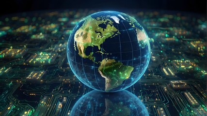 The globe of the green earth is the focal point of the worldwide electronics market, active global trade, innovation and sustainability concepts, and computer circuit boards. international trade.