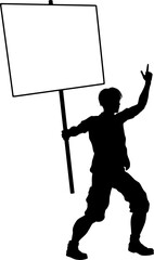 Protestor or demonstrator at a demonstration march, picket line or strike protest rally in silhouette. Holding up a banner or picket sign board placard.