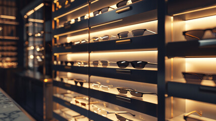 Sophisticated glasses showroom with exquisite eyewear on golden illuminated shelving. - obrazy, fototapety, plakaty