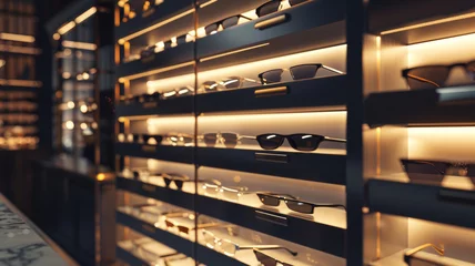 Tuinposter Sophisticated glasses showroom with exquisite eyewear on golden illuminated shelving. © VK Studio