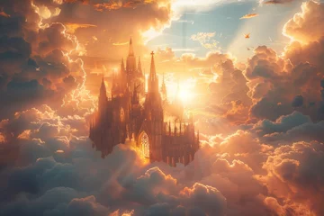 Foto op Plexiglas A castle is seen in the clouds with the sun shining on it © itchaznong