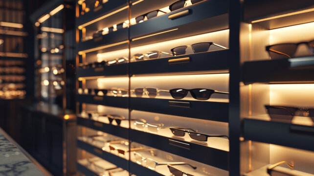 Sophisticated glasses showroom with exquisite eyewear on golden illuminated shelving.