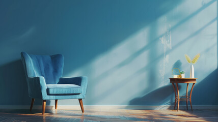 Serene interior with a single blue armchair bathed in natural light.