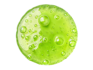 A to view of the green soap liqiut in the shape of a circle.