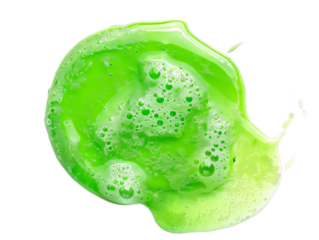 A to view of the green soap liqiut in the shape of a circle.